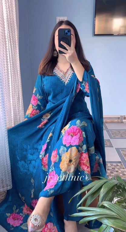 Premium Floral HAND WORKS  KitKat Silk Kurti Set with Dupatta