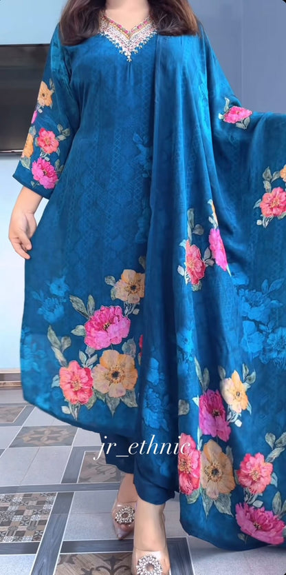 Premium Floral HAND WORKS  KitKat Silk Kurti Set with Dupatta
