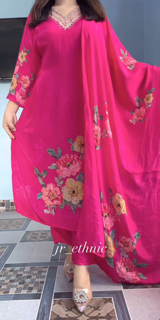 Premium Floral HAND WORKS  KitKat Silk Kurti Set with Dupatta