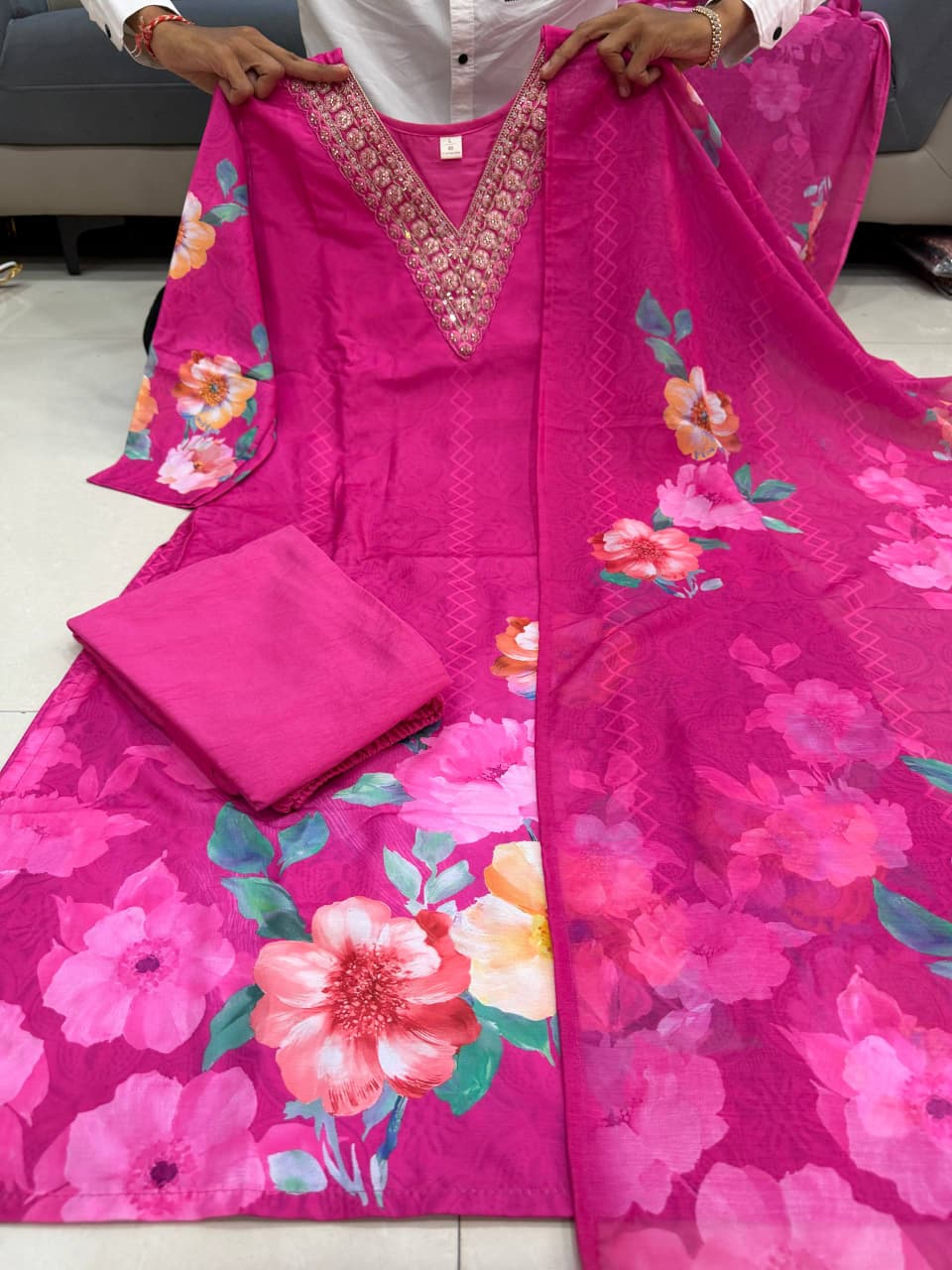 Premium Floral HAND WORKS  KitKat Silk Kurti Set with Dupatta