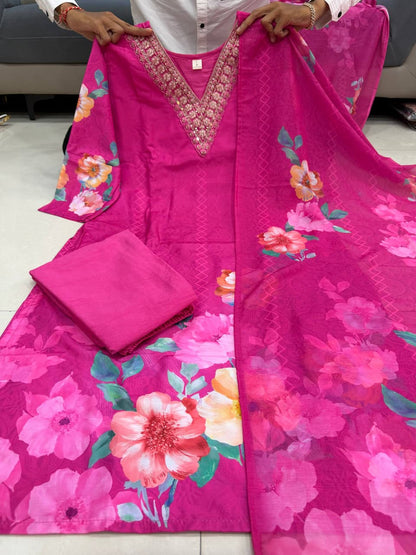Premium Floral HAND WORKS  KitKat Silk Kurti Set with Dupatta