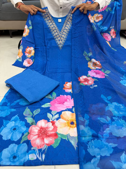 Premium Floral HAND WORKS  KitKat Silk Kurti Set with Dupatta