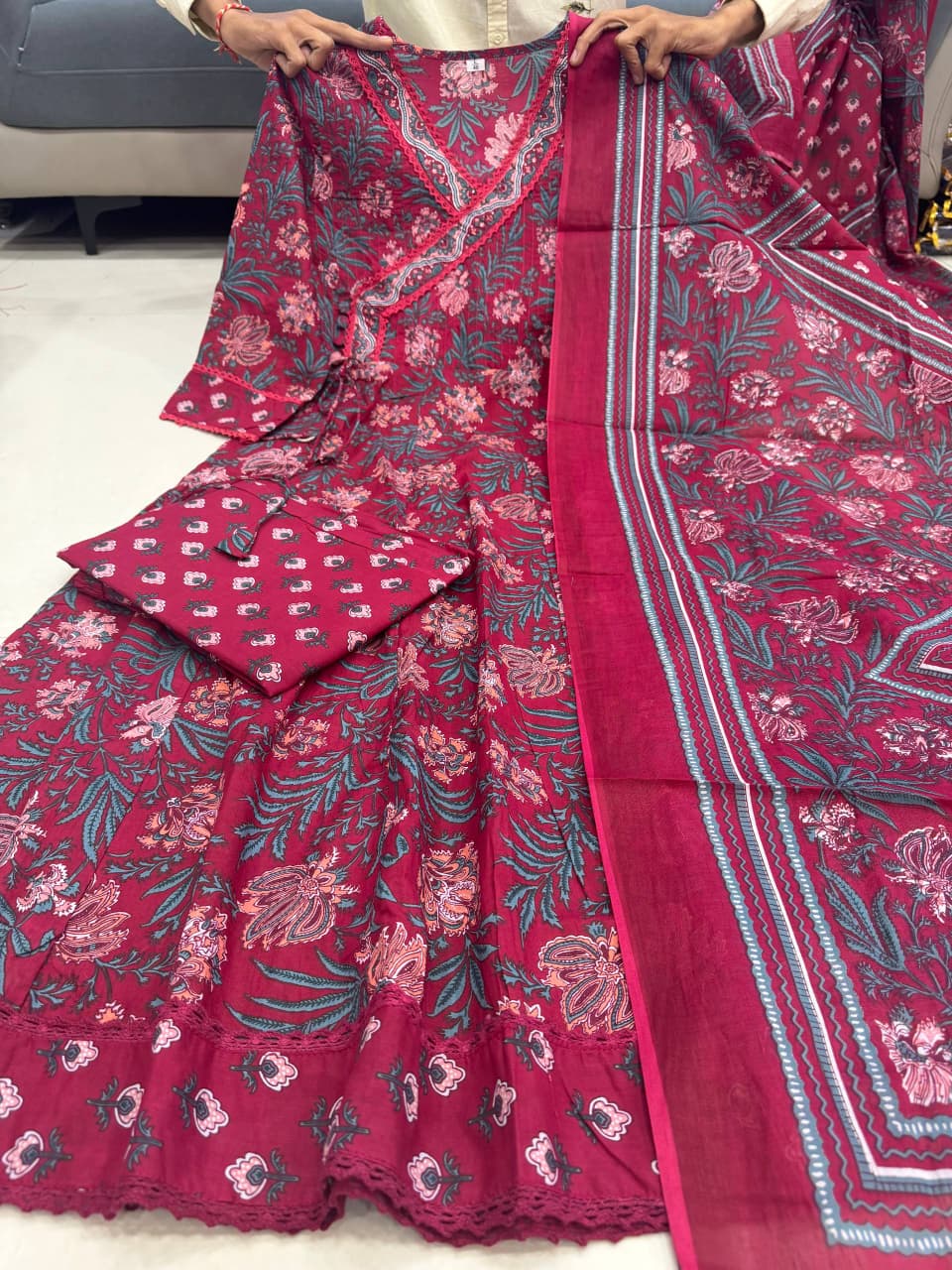 ANARKALI ROUND KURTI PANT DUPATTA SET