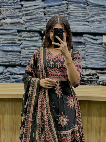 Premium Black Pure Cotton 60×60 Anarkali Gown Pant with Dupatta