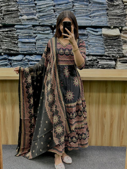 Premium Black Pure Cotton 60×60 Anarkali Gown Pant with Dupatta
