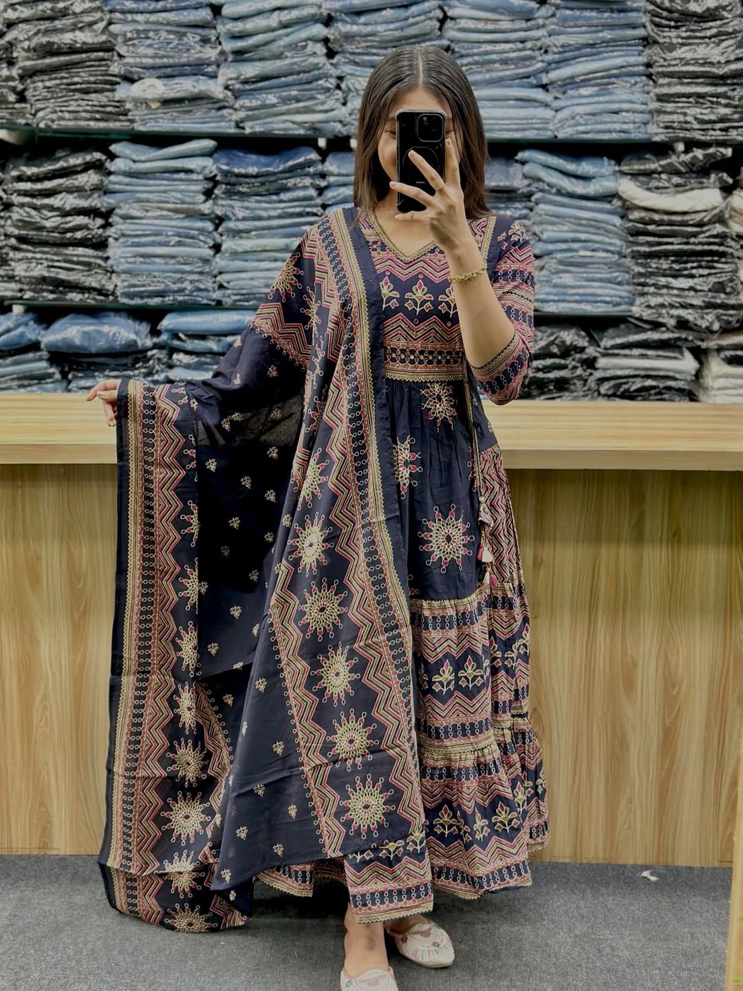 Premium Navy Blue Pure Cotton 60×60 Anarkali Gown Pant with Dupatta