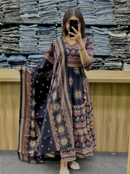 Premium Navy Blue Pure Cotton 60×60 Anarkali Gown Pant with Dupatta