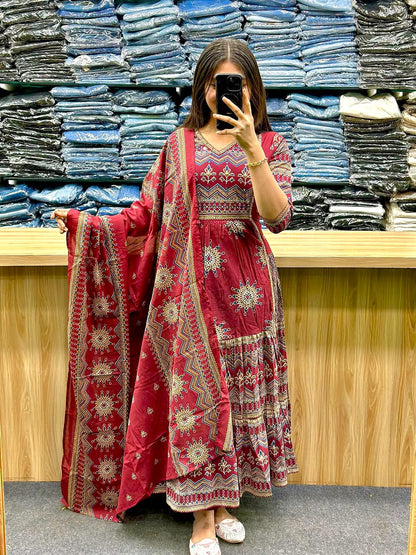 Premium Red Pure Cotton 60×60 Anarkali Gown Pant with Dupatta