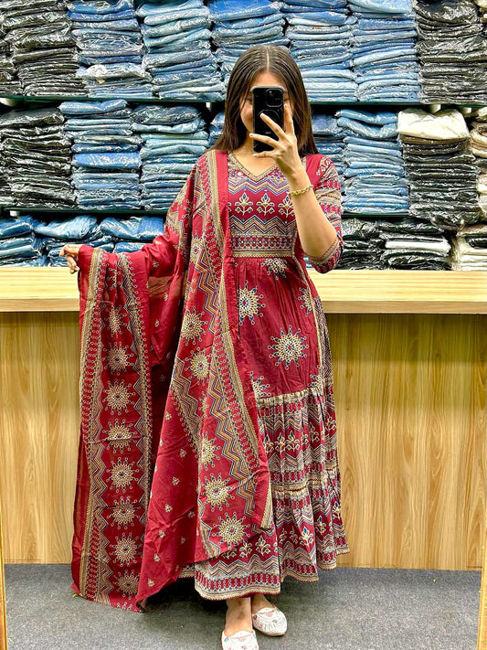 Premium Red Pure Cotton 60×60 Anarkali Gown Pant with Dupatta