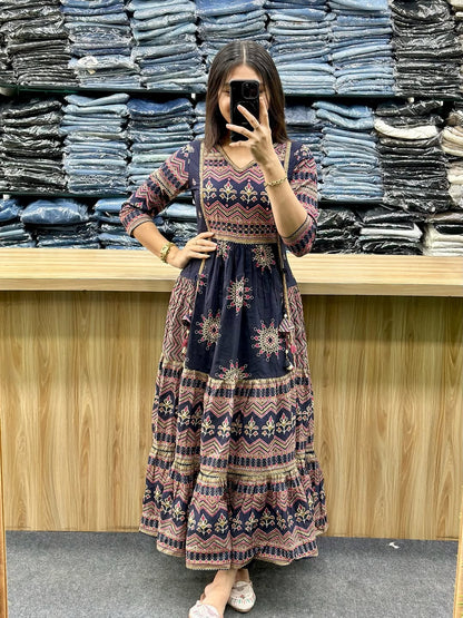 Premium Navy Blue Pure Cotton 60×60 Anarkali Gown Pant with Dupatta