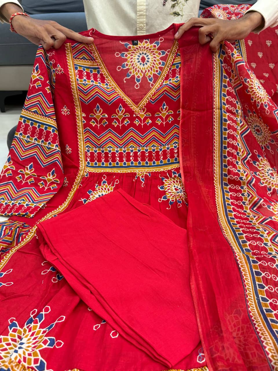 Premium Red Pure Cotton 60×60 Anarkali Gown Pant with Dupatta