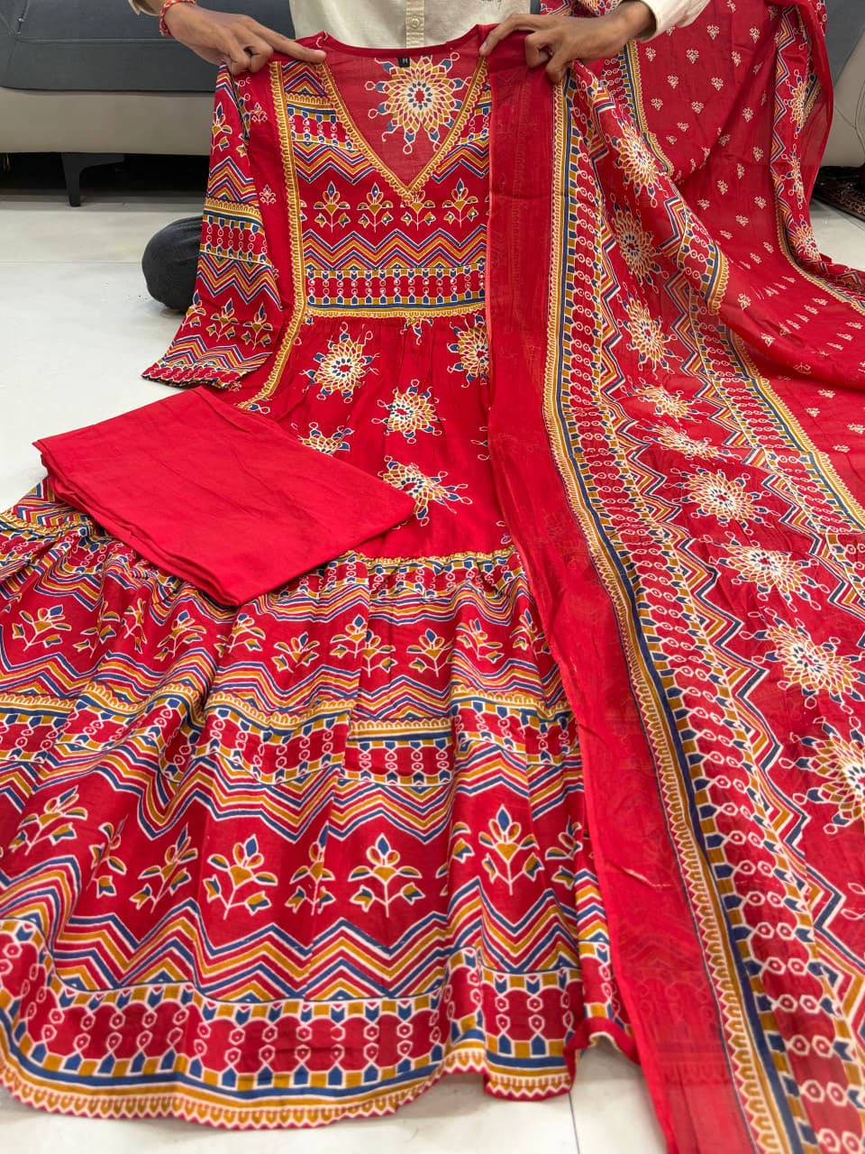 Premium Red Pure Cotton 60×60 Anarkali Gown Pant with Dupatta