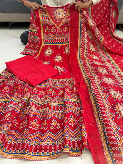Premium Red Pure Cotton 60×60 Anarkali Gown Pant with Dupatta
