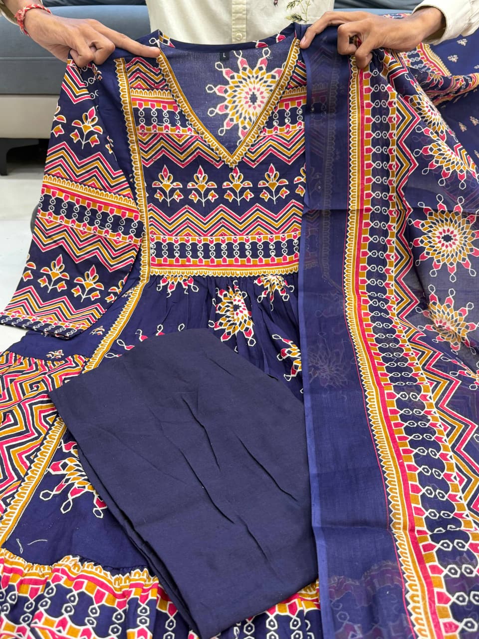 Premium Navy Blue Pure Cotton 60×60 Anarkali Gown Pant with Dupatta