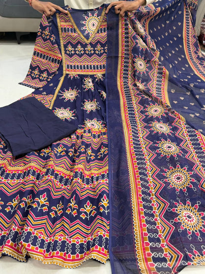 Premium Navy Blue Pure Cotton 60×60 Anarkali Gown Pant with Dupatta