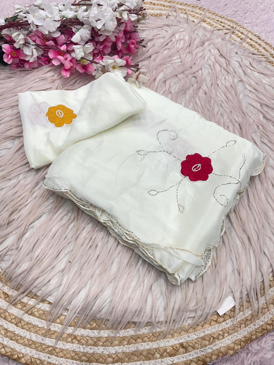 White Rangoli Silk Designer Saree with Unstitched Blouse