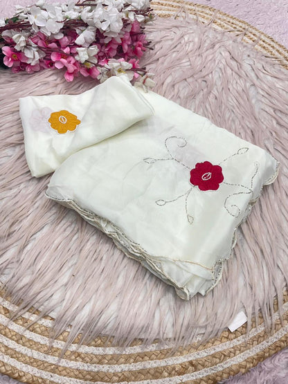 White Rangoli Silk Designer Saree with Unstitched Blouse