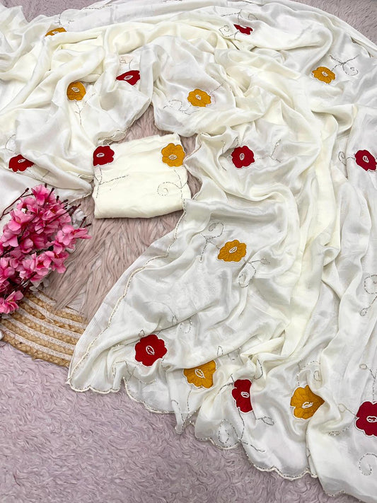 White Rangoli Silk Designer Saree with Unstitched Blouse