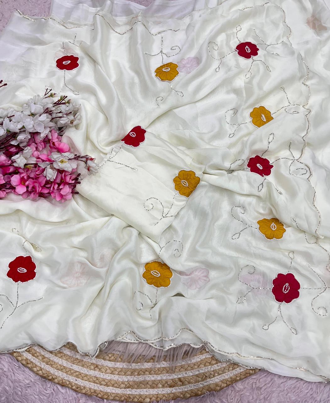 White Rangoli Silk Designer Saree with Unstitched Blouse