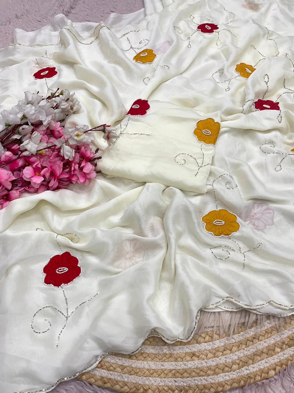White Rangoli Silk Designer Saree with Unstitched Blouse