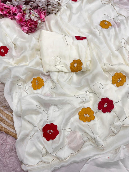 White Rangoli Silk Designer Saree with Unstitched Blouse