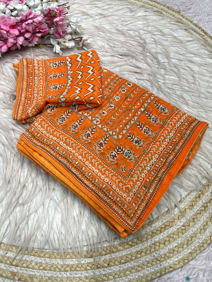 Orange Print With Khatli & Mirror Work Saree Unstitched Blouse