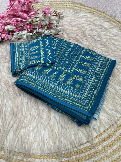 Teal Blue Print With Khatli & Mirror Work Saree Unstitched Blouse