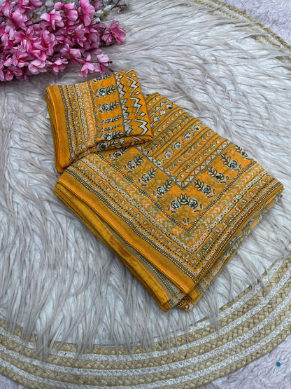 Mustard Yellow Print With Khatli & Mirror Work Saree Unstitched Blouse
