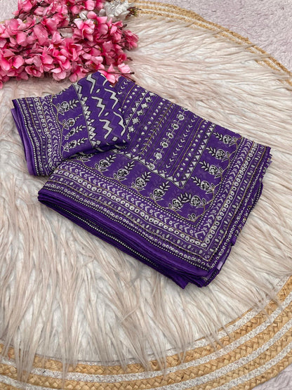 Purple Print With Khatli & Mirror Work Saree Unstitched Blouse