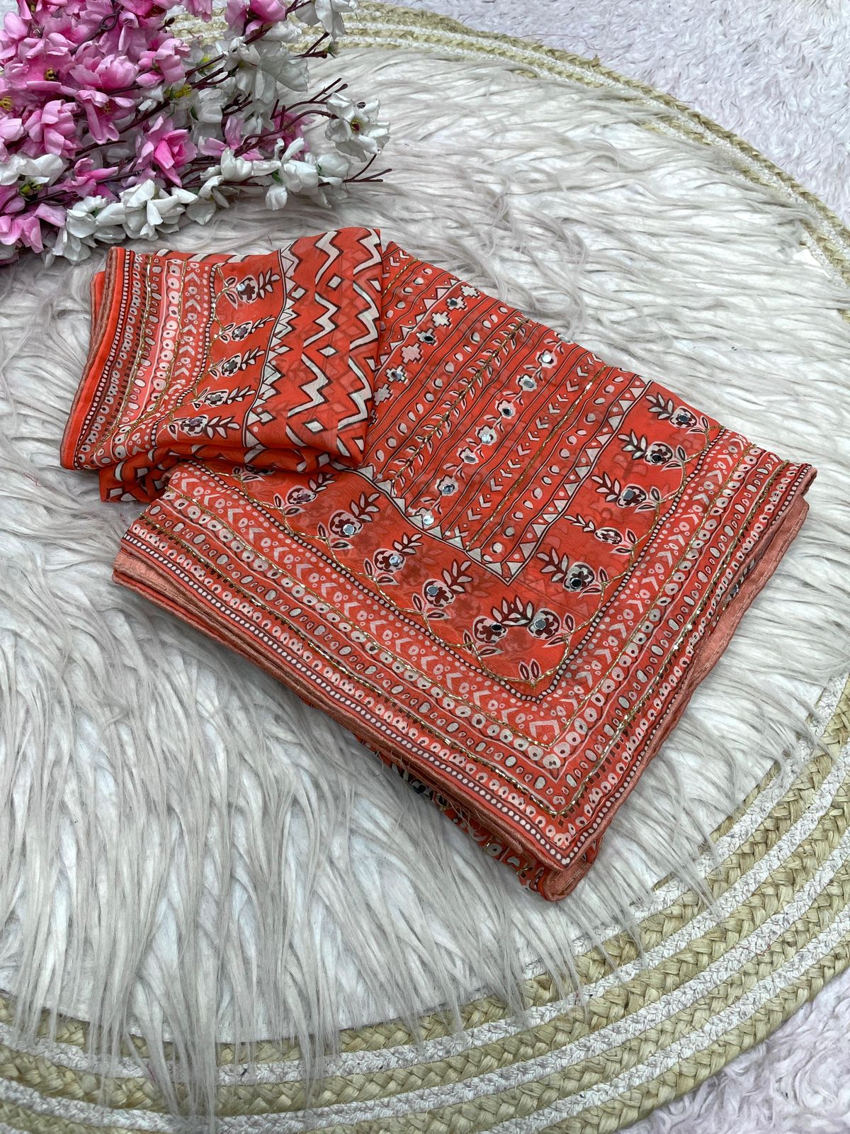 Rust Orange Print With Khatli & Mirror Work Saree Unstitched Blouse