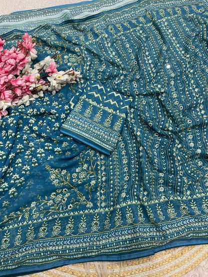 Teal Blue Print With Khatli & Mirror Work Saree Unstitched Blouse