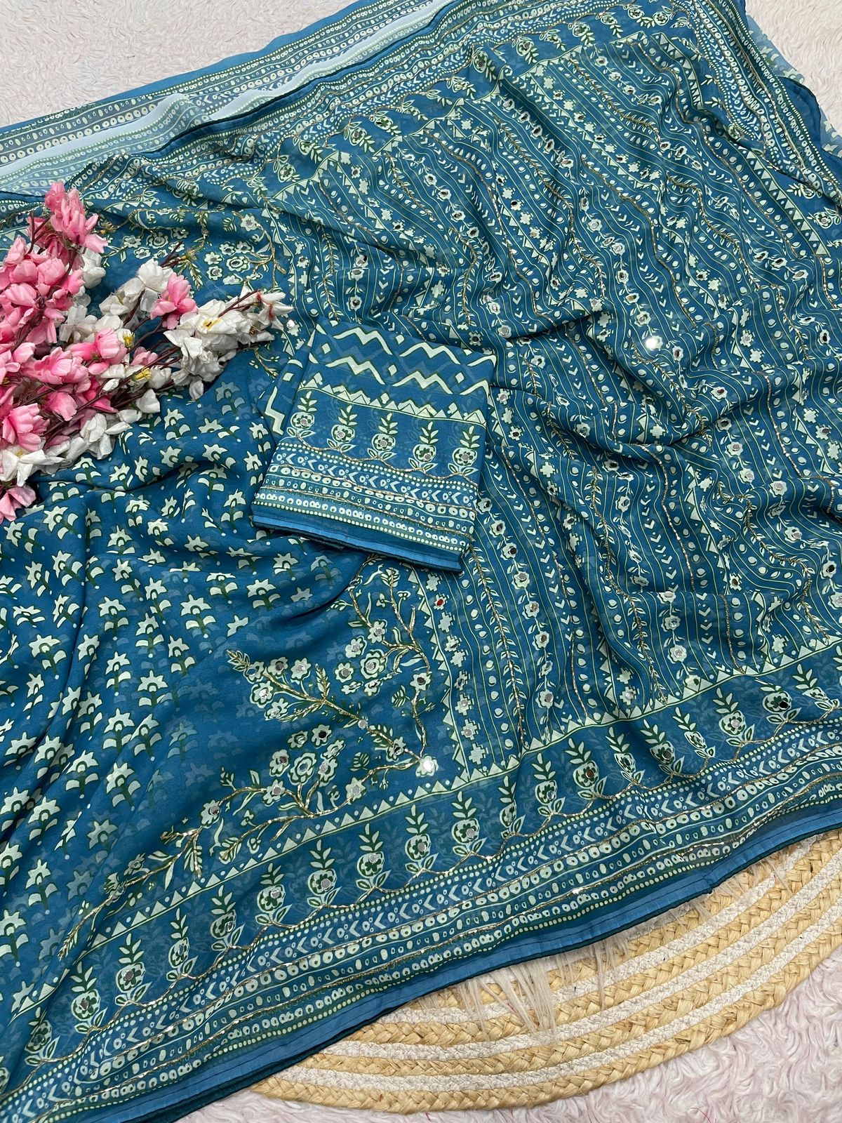 Teal Blue Print With Khatli & Mirror Work Saree Unstitched Blouse