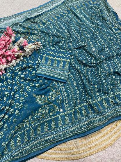 Teal Blue Print With Khatli & Mirror Work Saree Unstitched Blouse