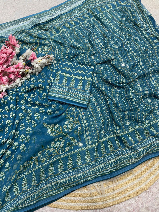 Teal Blue Print With Khatli & Mirror Work Saree Unstitched Blouse