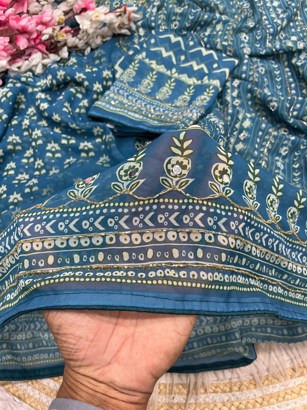 Teal Blue Print With Khatli & Mirror Work Saree Unstitched Blouse