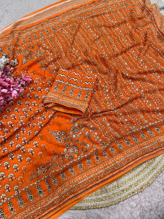 Orange Print With Khatli & Mirror Work Saree Unstitched Blouse