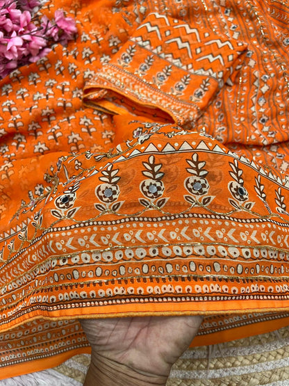 Orange Print With Khatli & Mirror Work Saree Unstitched Blouse