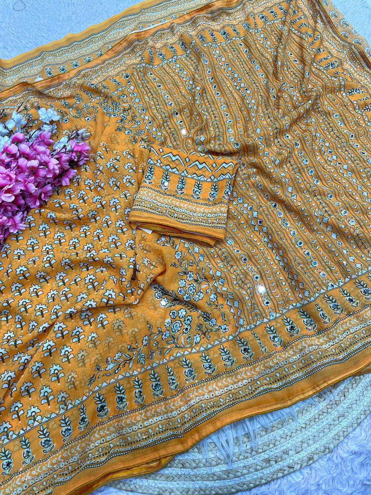 Mustard Yellow Print With Khatli & Mirror Work Saree Unstitched Blouse