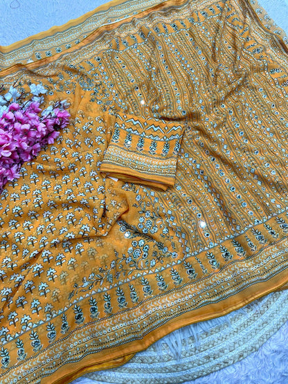 Mustard Yellow Print With Khatli & Mirror Work Saree Unstitched Blouse