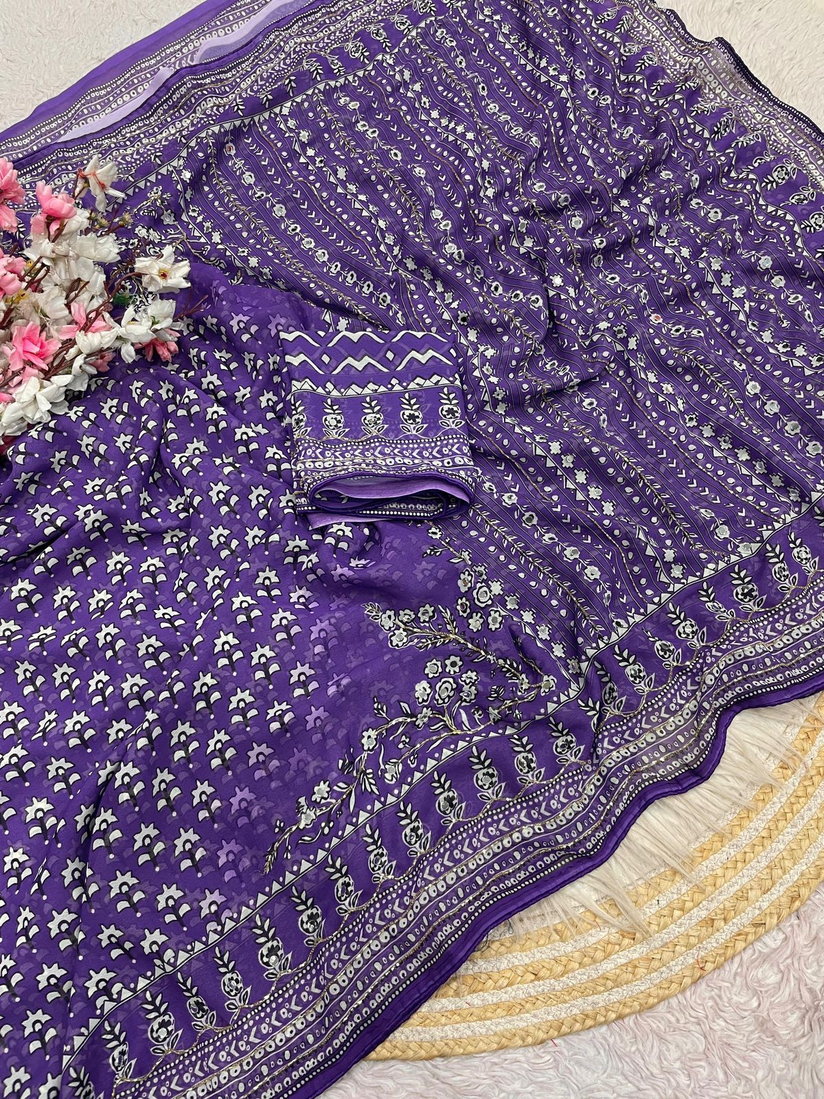 Purple Print With Khatli & Mirror Work Saree Unstitched Blouse