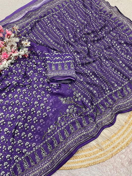 Purple Print With Khatli & Mirror Work Saree Unstitched Blouse