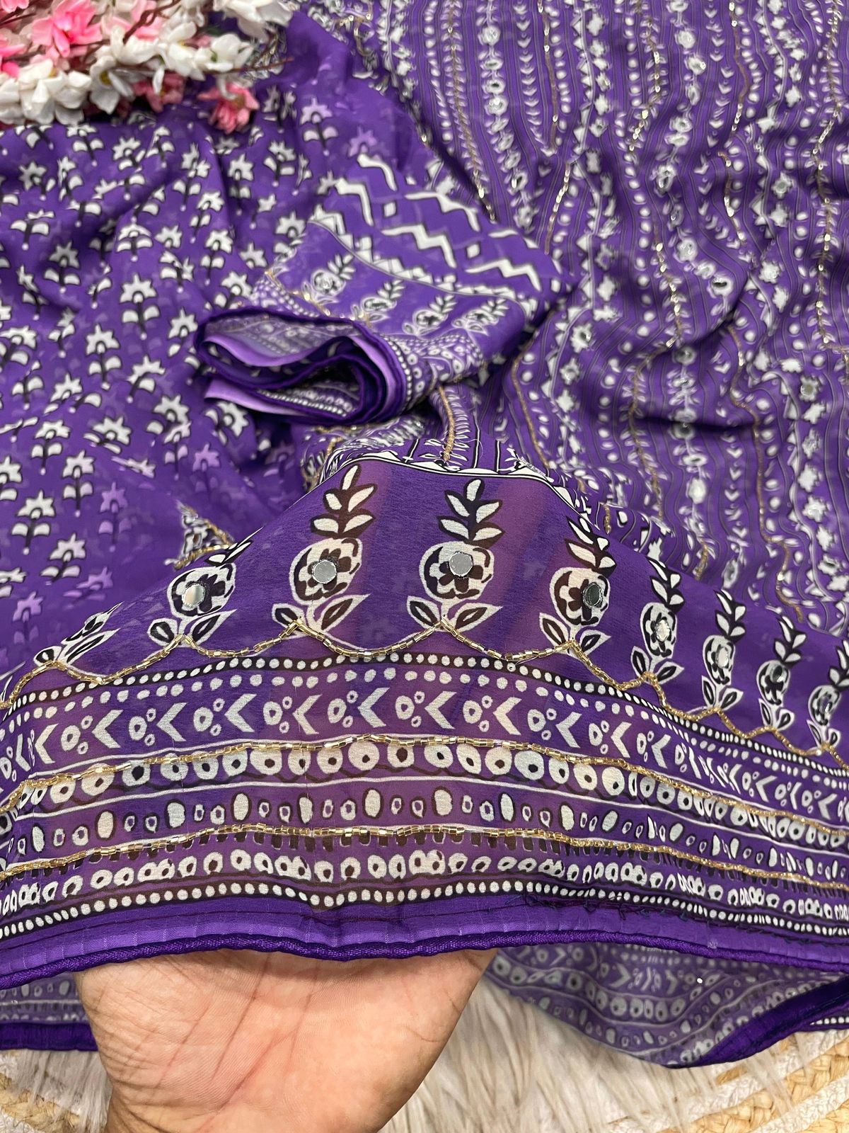Purple Print With Khatli & Mirror Work Saree Unstitched Blouse
