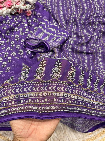Purple Print With Khatli & Mirror Work Saree Unstitched Blouse