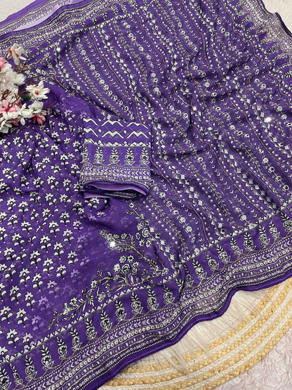 Purple Print With Khatli & Mirror Work Saree Unstitched Blouse