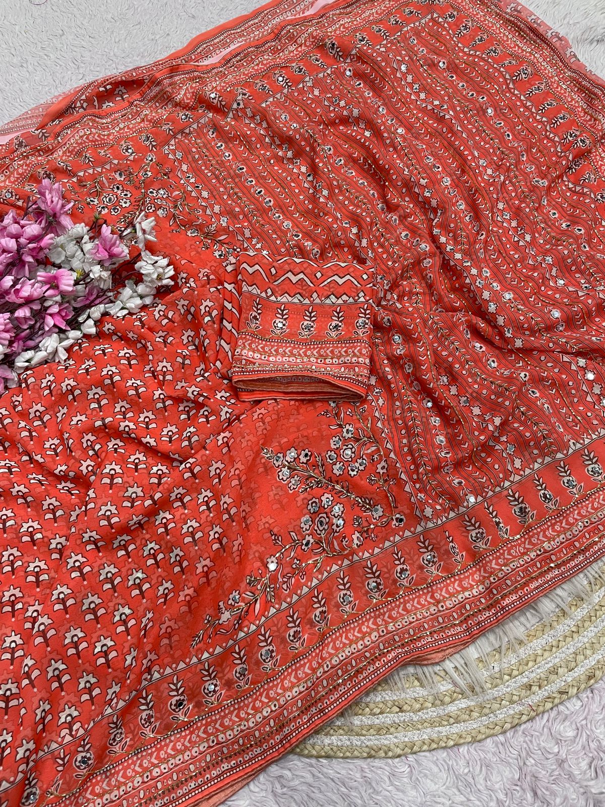 Rust Orange Print With Khatli & Mirror Work Saree Unstitched Blouse