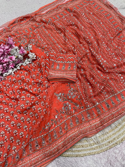 Rust Orange Print With Khatli & Mirror Work Saree Unstitched Blouse