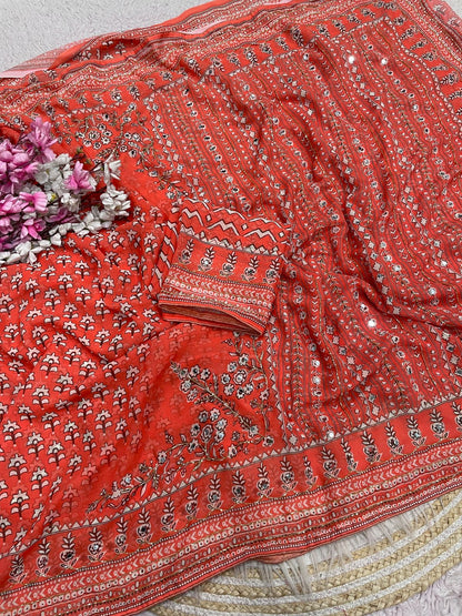 Rust Orange Print With Khatli & Mirror Work Saree Unstitched Blouse
