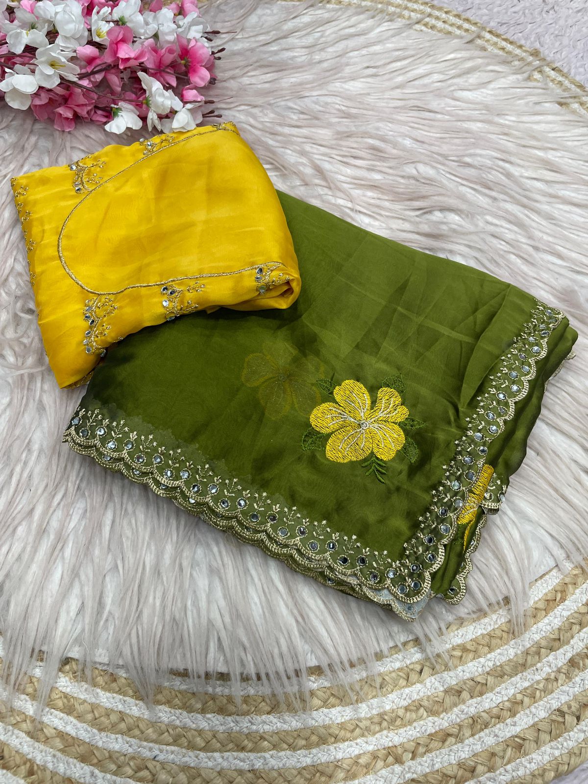 Mehndi Green Rangoli Silk Multi Colour Embroidery & Mirror Work Saree with Mustard Yellow Blouse