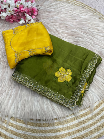 Mehndi Green Rangoli Silk Multi Colour Embroidery & Mirror Work Saree with Mustard Yellow Blouse