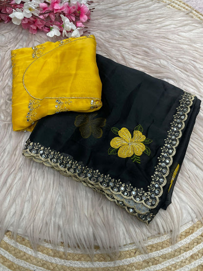 Black Rangoli Silk Multi Colour Embroidery & Mirror Work Saree with Mustard Yellow Blouse